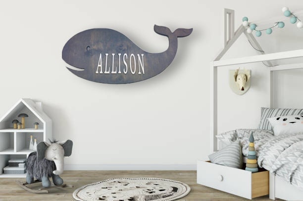 XL WHALE Ocean Nursery Decor - Personalized Baby Girl Gift with Whale Baby Sign and Name Sign - Whale Baby Sign - Personalized nursery wall