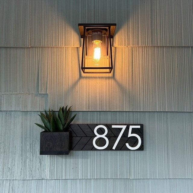 Teton slim house number sign with planter | [width ~20.5"]x[height ~5.5"] | handmade address planter | white, walnut, grey, ebony, dark