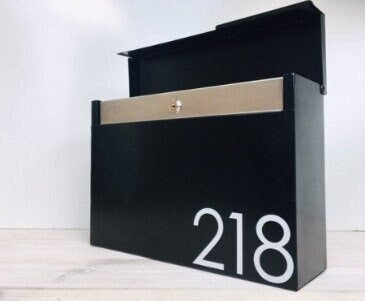 Mailbox, black rectangle locking mailbox for wall mounted, house address mailbox with newspaper slot, waterproof and rustproof, locking