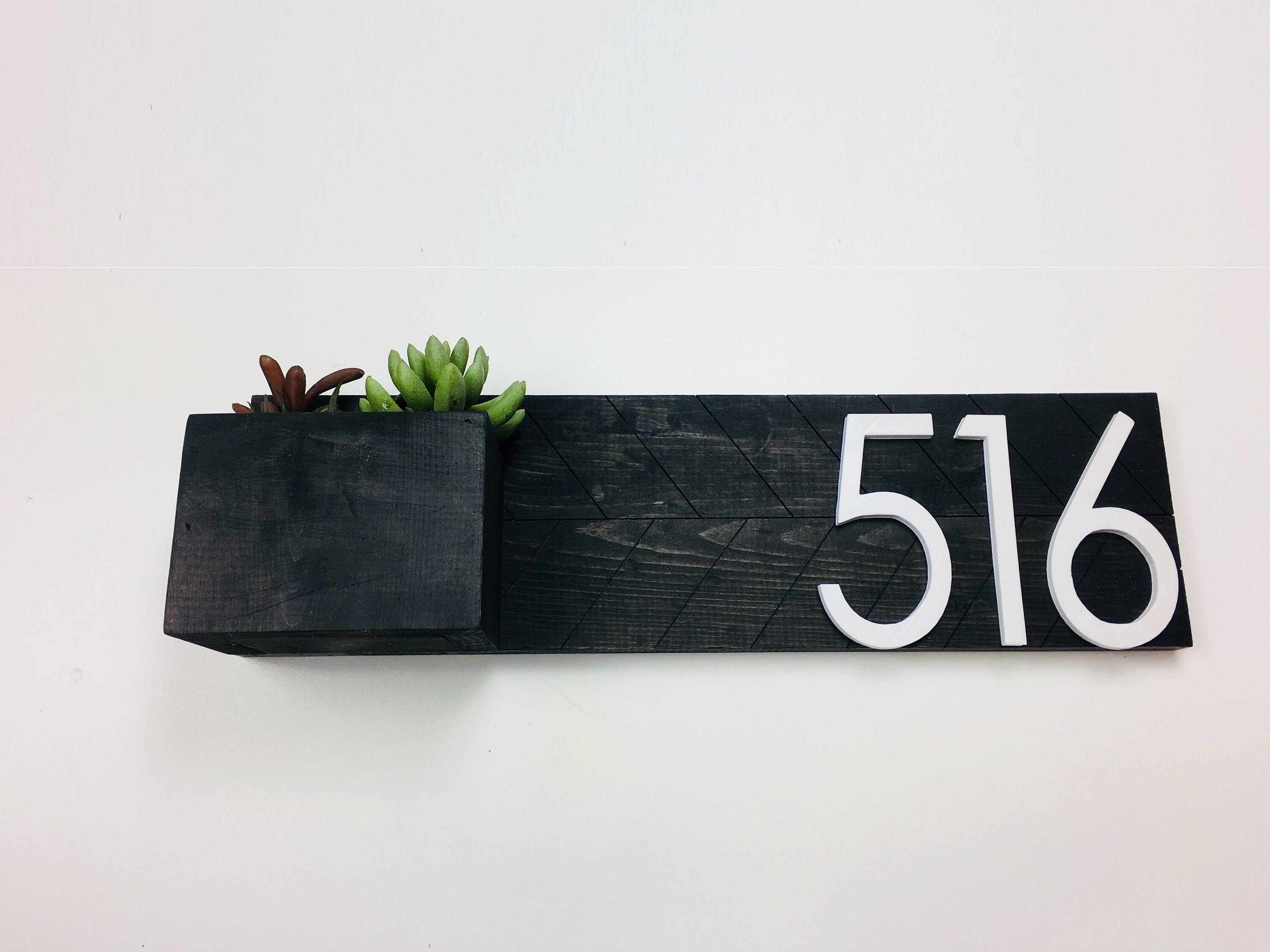 Teton slim house number sign with planter | [width ~20.5"]x[height ~5.5"] | handmade address planter | white, walnut, grey, ebony, dark